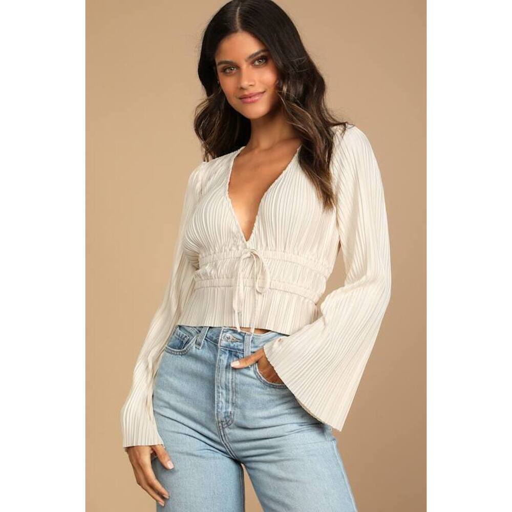 Lulus Staying Optimistic Champagne Pleated Bell Sleeve Top Beige - Size S